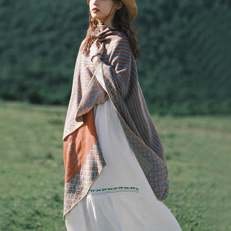 Buddha Stones Tibetischer Schal, gestreift, Rautenmuster, für den Winter, warm, weich