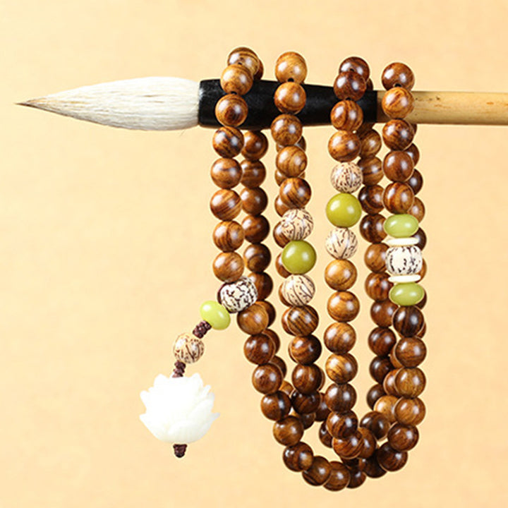 Buddha Stones Tibetisches Palisander-Lotus-Mala-Schutz-Ruhe-Halsketten-Armband