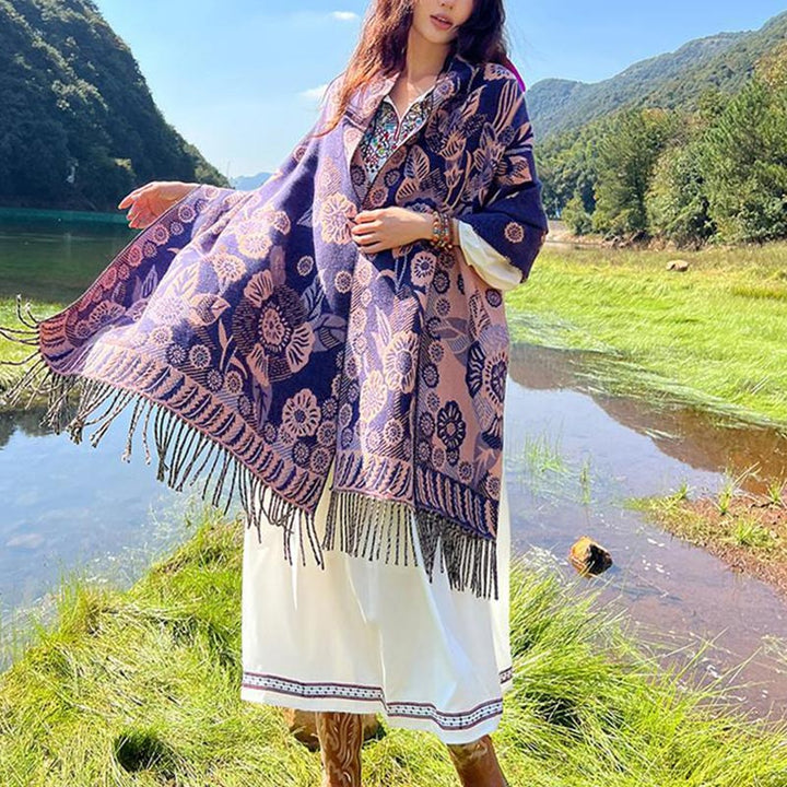 Schal mit Buddha Stonesn, tibetischer Blume, Blumenmuster, Blättermuster, gemütlicher Reiseschal