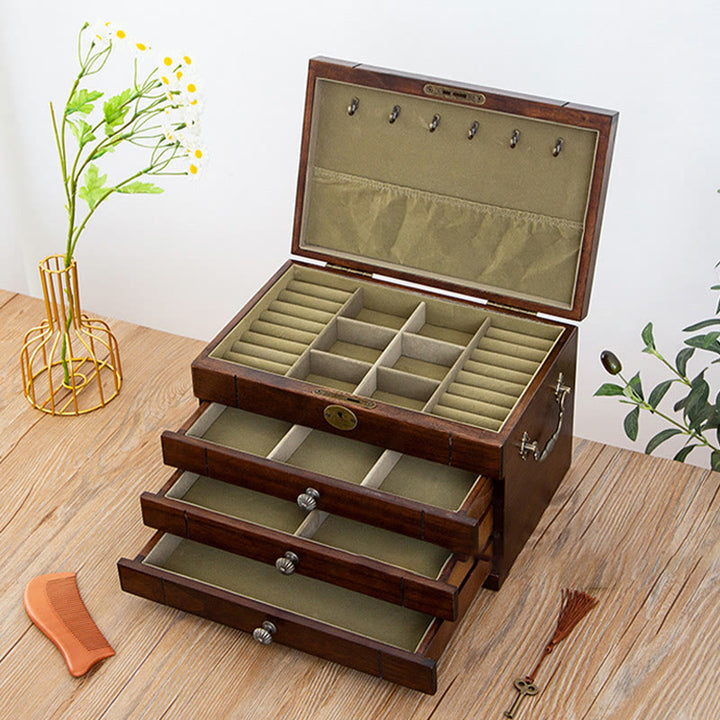 Buddha Stones Retro-Schmuckkästchen aus massivem Holz, vierlagige Schmuckaufbewahrungsbox aus Holz