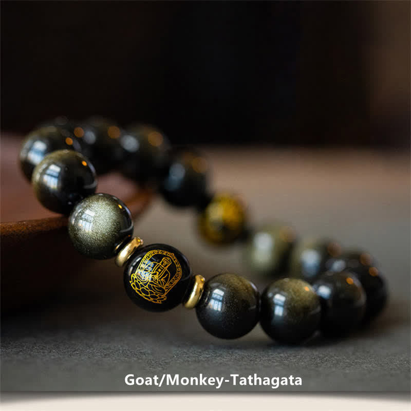 Chinesisches Tierkreis-Natal-Buddha-Goldglanz-Obsidian-Armband zum Schutz des Reichtums