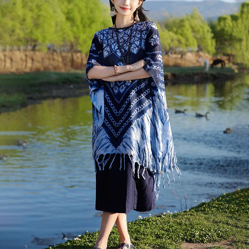 Buddha-Steine, blau gestreift, floral, Indigo-Färbung, Schal, Quasten, gemütlicher Pullover, 90 x 95 cm