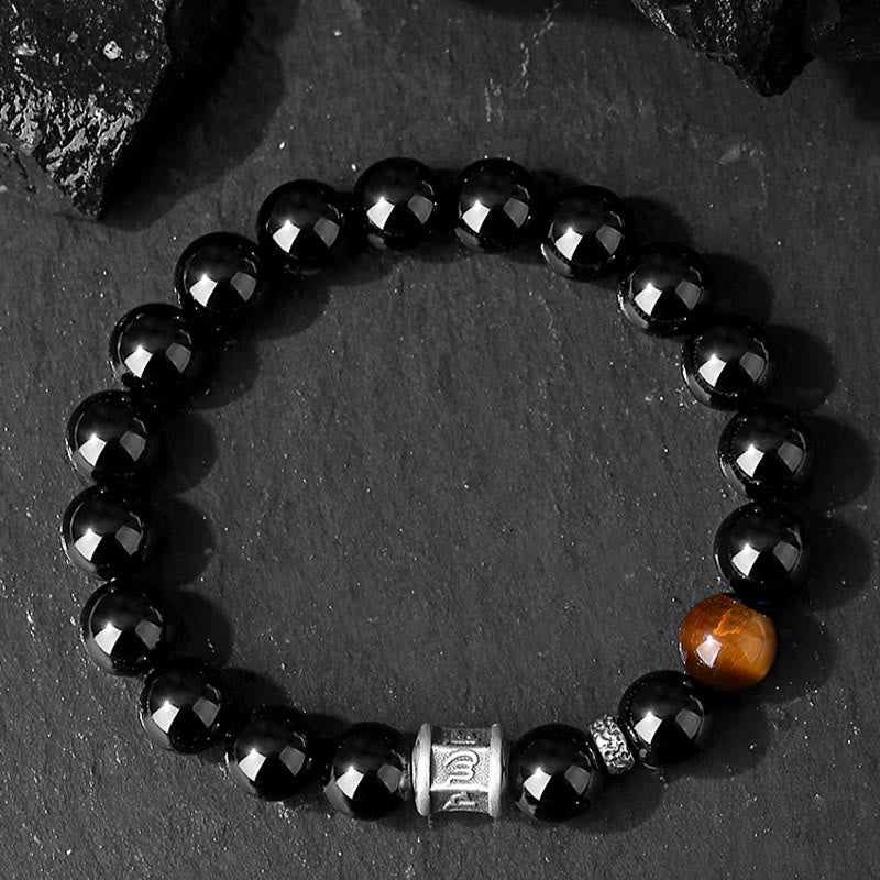 Buddha Stones 999 Sterling Silber Schwarzer Obsidian Tigerauge Om Mani Padme Hum Erfüllungsarmband - image 1