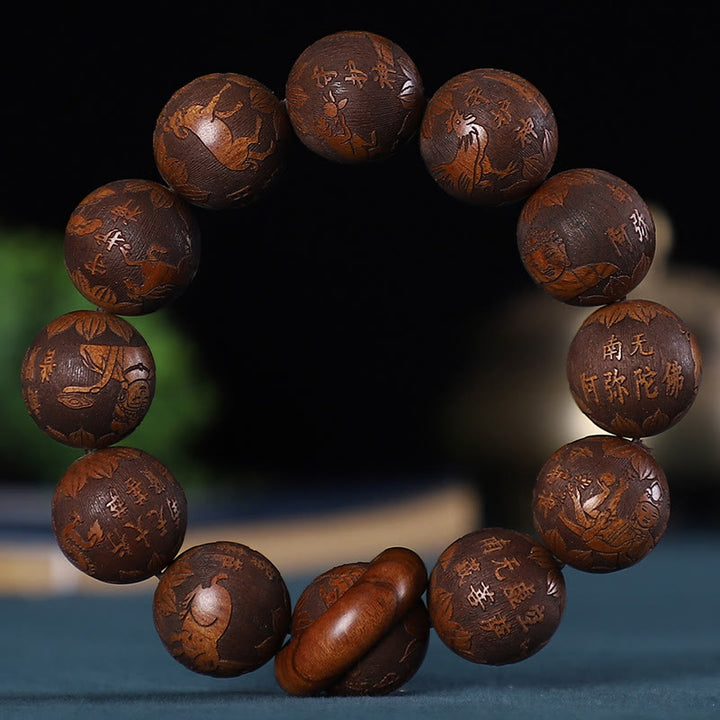 Buddha Stones, chinesisches Tierkreiszeichen, Rosenholz, grünes Sandelholz, Ebenholz, Kupfermünze, geschnitztes Armband, Ruhesymbol - Chinesischer Tierkreis aus Rosenholz geschnitzt - image 2