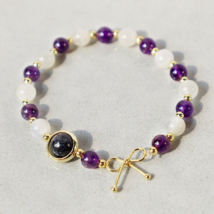 Amethyst Katzenauge Schwarzes Rutilquarz spirituelles Perlenarmband - Amethyst & Katzenauge - image 1