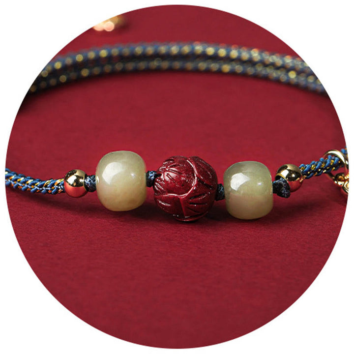 Buddha Stones 14K vergoldetes Hetian Jade Zinnober Lotus Glück handgefertigtes Seilarmband - image 9