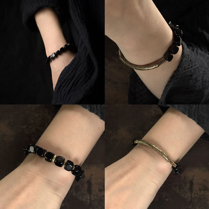 Buddha Stones Schwarzes Obsidian-Kristall-Kupfer-Stärke-Paar-Armband - image 11