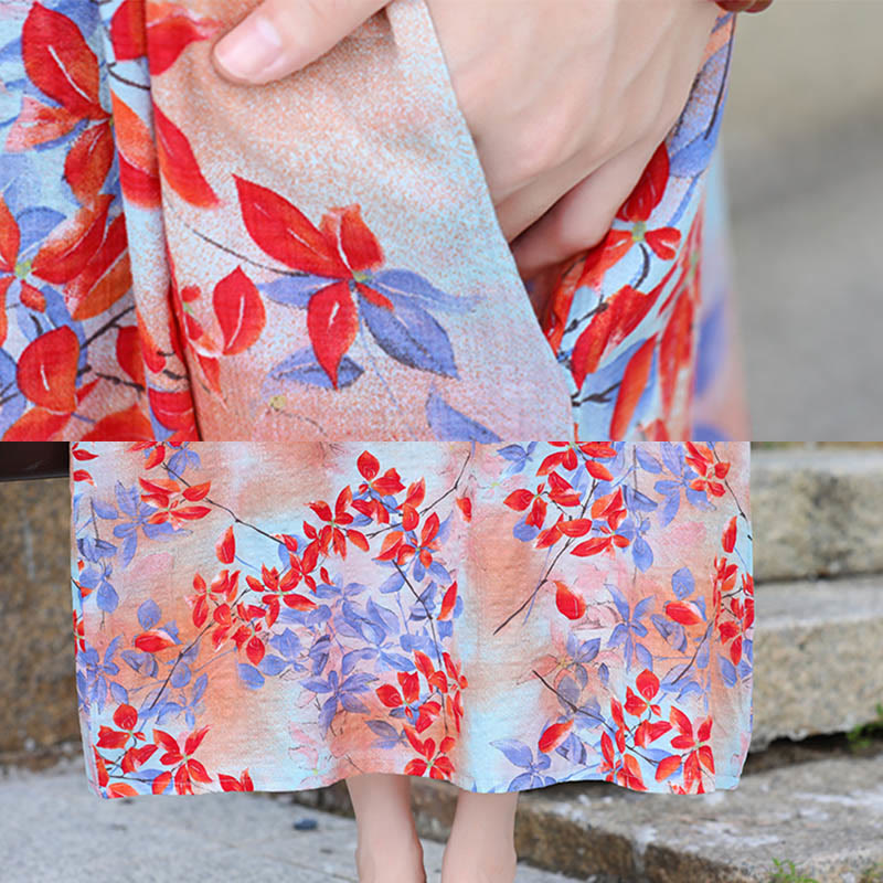 Midikleid mit Buddha-Steinen und Blumen-Print, Tunikakleid aus Baumwolle und Leinen mit Taschen