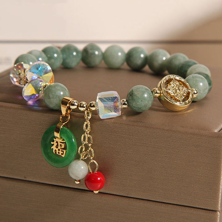 Buddha Stones Charm-Heilarmband aus Erdbeerquarz und Jade mit Fu-Charakter