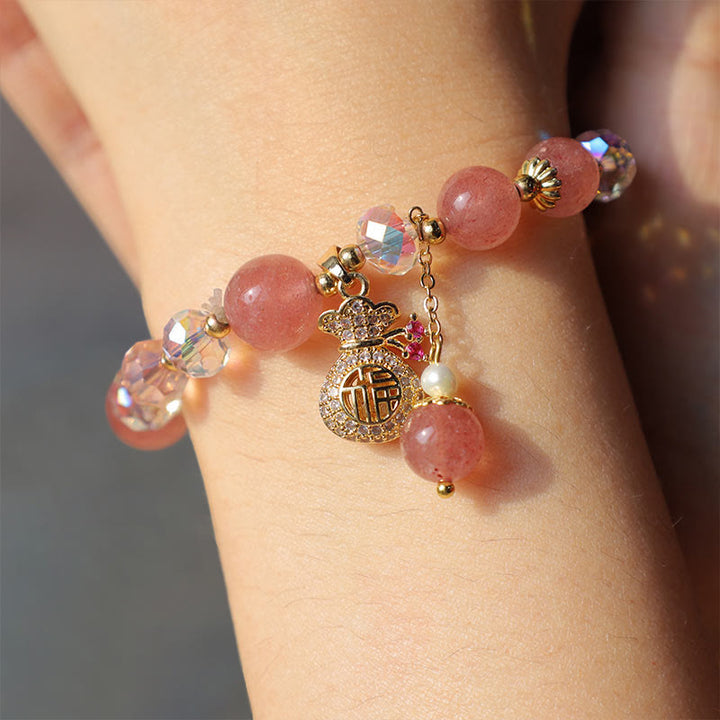 Buddha Stones Natürliches Erdbeerquarz-Kristall-Geldbeutel-Charm-Positive-Armband - image 4
