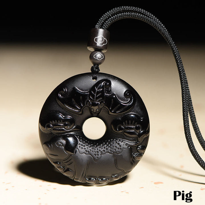 Buddha Stones, chinesisches Sternzeichen, natürlicher schwarzer Obsidian, Friedensschnalle, Stärke-Halsketten-Anhänger - Schwein - image 23
