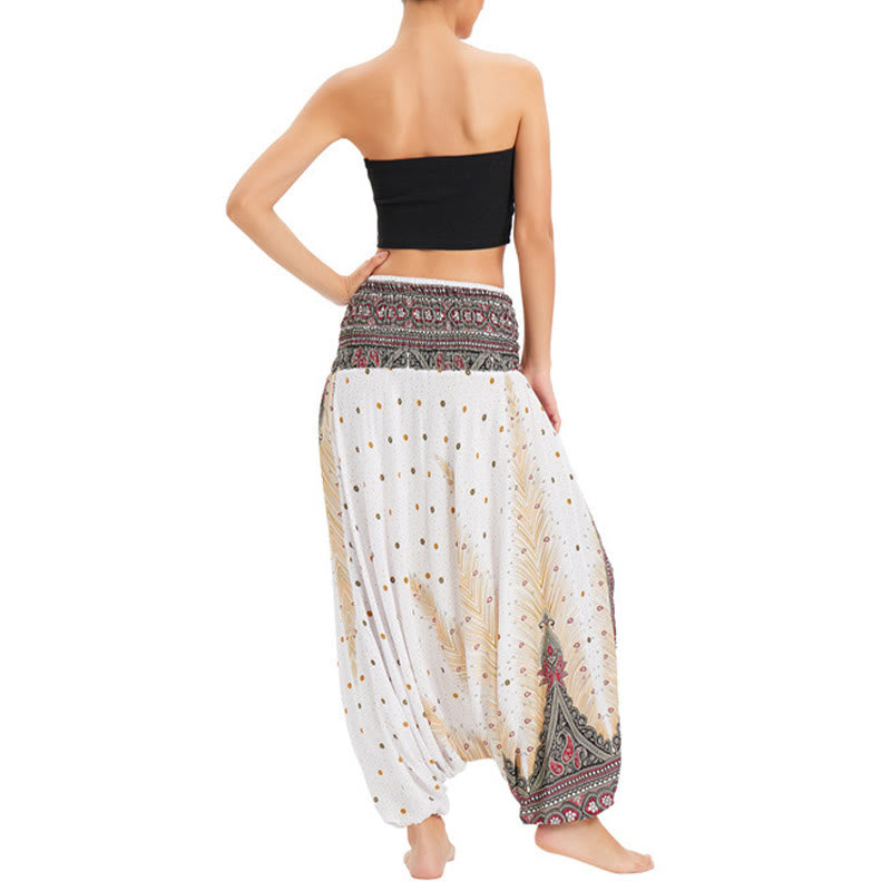 Buddha Stones Zwei Stile Tragen Pfauenfeder Lockere gesmokt Haremshose Overall Hohe Taille Hose