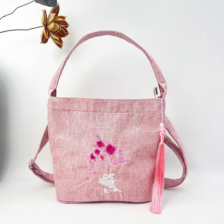 Buddha Stones Stickerei Wisteria Pflaume Lotus Kirschblüte Baumwolle Leinen Canvas Tote Umhängetasche Schultertasche Handtasche