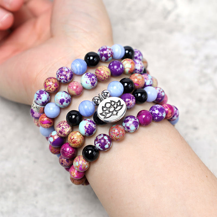 Buddha Stones Natur Lila Miano Echtstein Lotus Mala