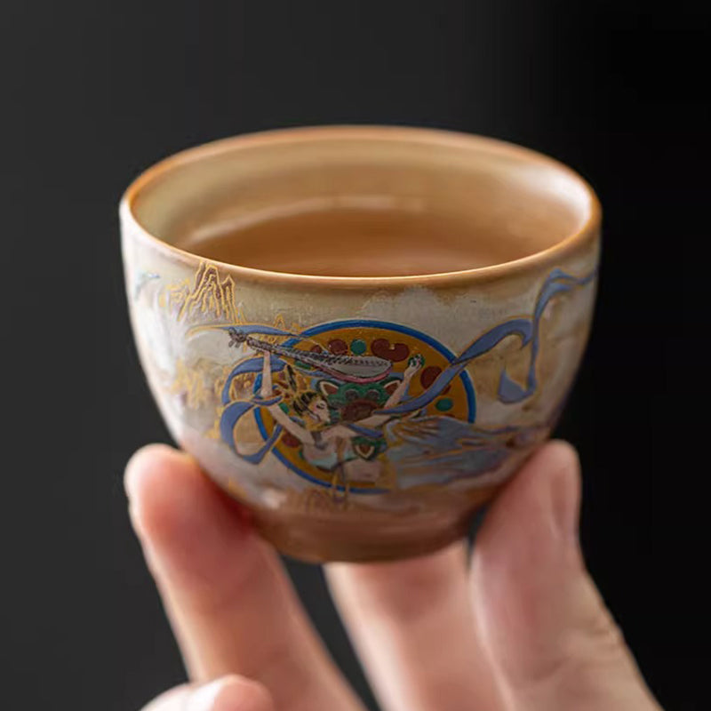 Buddha Stones Dunhuang Flying Apsaras Gaiwan Sancai Teetasse aus Keramik, Kung Fu Teetasse mit Deckel