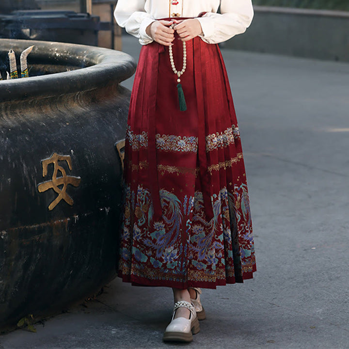 Buddha-Steine, chinesischer Hanfu, Phönixfedern, bedruckt, Pferdegesichtsrock, Mamianqun