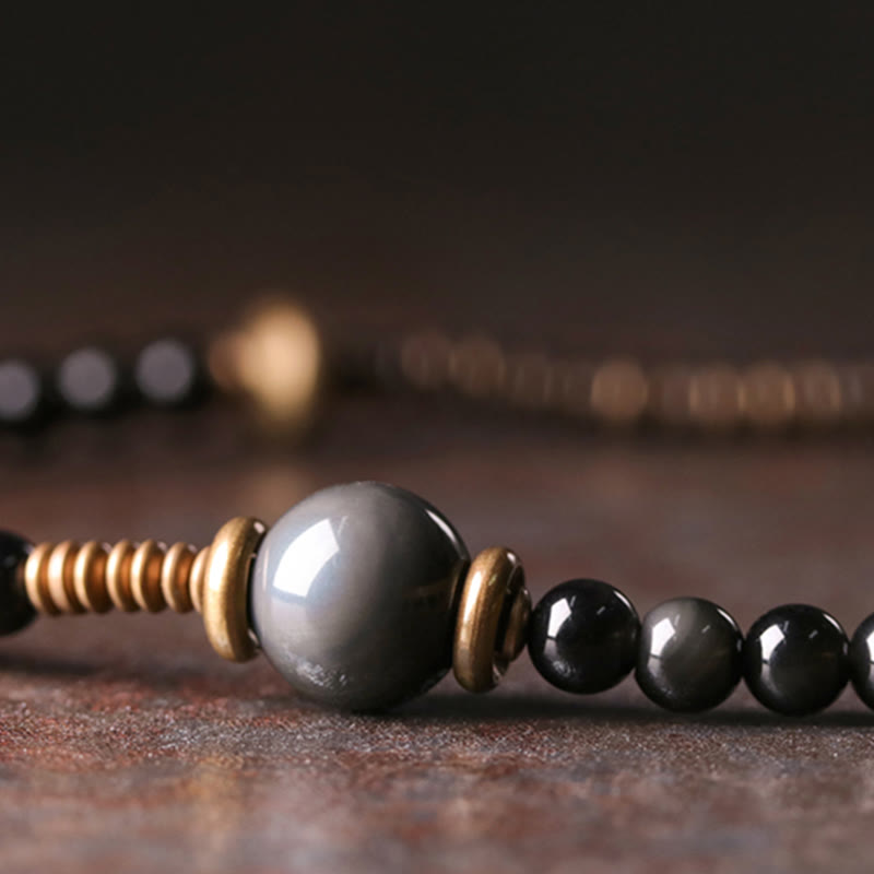 Buddha Stones Regenbogen-Obsidian-Ebenholz-Kupfer-positives mehrschichtiges Armband