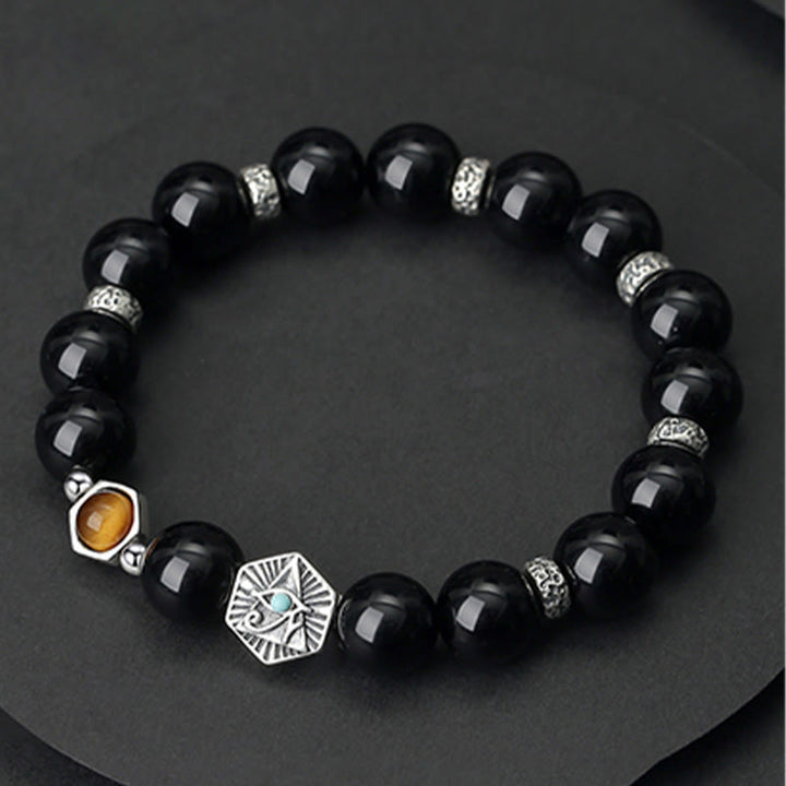 Buddha Stones 925 Sterling Silber Schwarzer Obsidian Tigerauge Auge der Vorsehung Reinigungsarmband - image 9