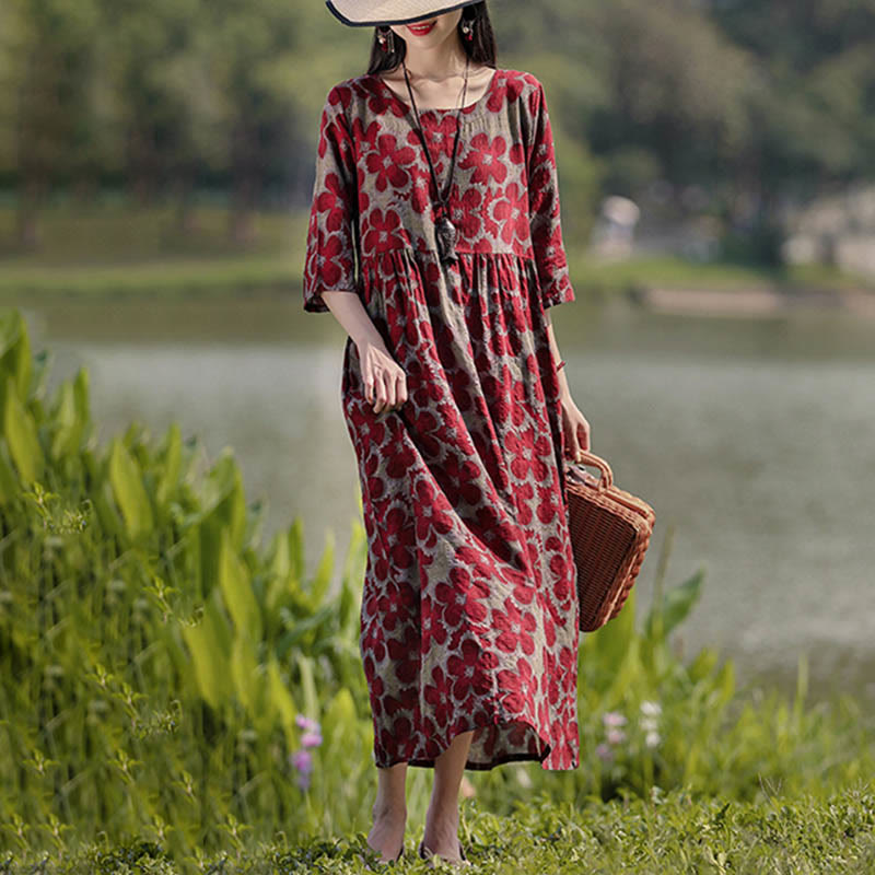 Midikleid mit Buddha-Steinen und Blumen-Print, Tunikakleid aus Baumwolle und Leinen mit Taschen