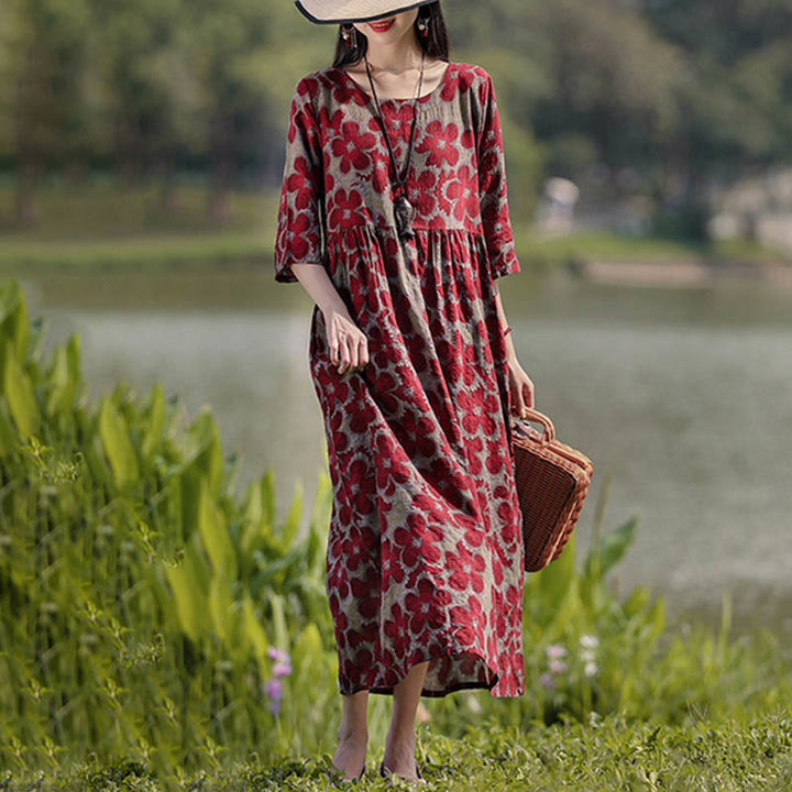 Midikleid mit Buddha-Steinen und Blumen-Print, Tunikakleid aus Baumwolle und Leinen mit Taschen