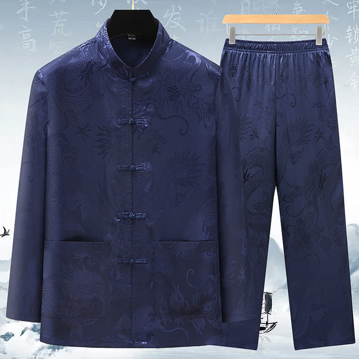 Buddha Stones Tang Anzug Männer Hanfu Chinesischer Drache Traditionelle Kleidung Kung Fu Hemd Uniform Langärmeliger Mantel Tops und Hosen Kleidung Herren Set - Dunkelblau - US/UK/AU42, EU52 (3XL) - image 13