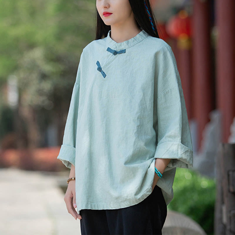 Buddha Stones Ramie Leinen Lose Bluse Damen Langarmshirt Chinesisches Hanfu Top