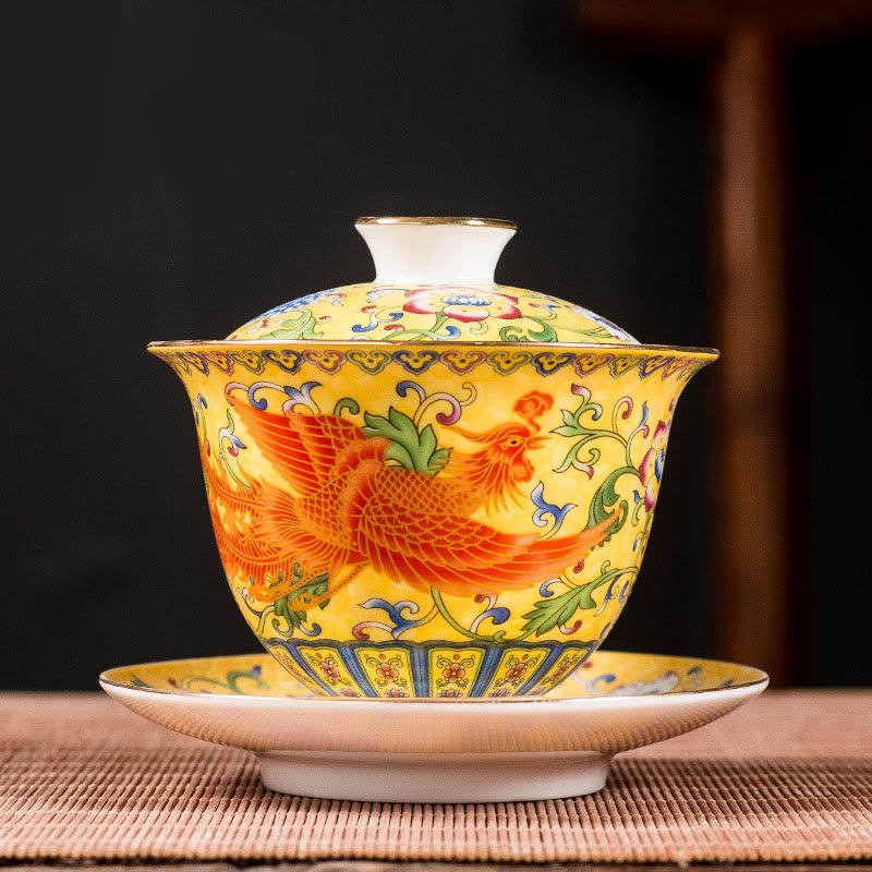 Buddha Stones Dragon Phoenix Flower Design Keramik Gaiwan Sancai Teetasse Kung Fu Teetasse und Untertasse mit Deckel - Gelb - Phoenix 9,5 cm × 9,3 cm × 160 ml - image 4