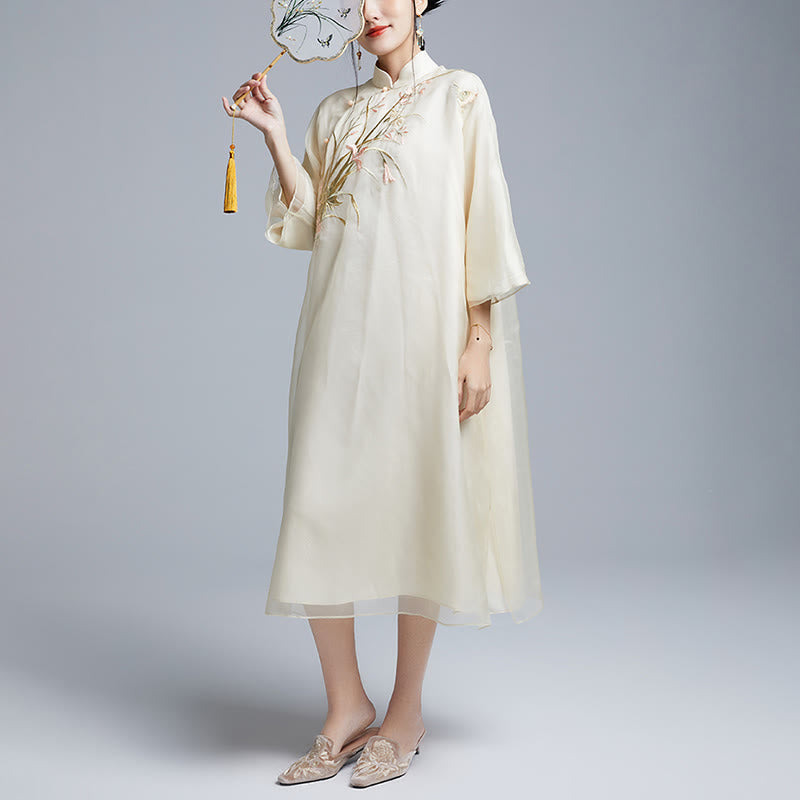 Buddha Stones 100 % Maulbeerseide 6 Momme Kleid Vintage Blume Schmetterling Stickerei Qipao Kleid Damen Cheongsam Kleid - image 6