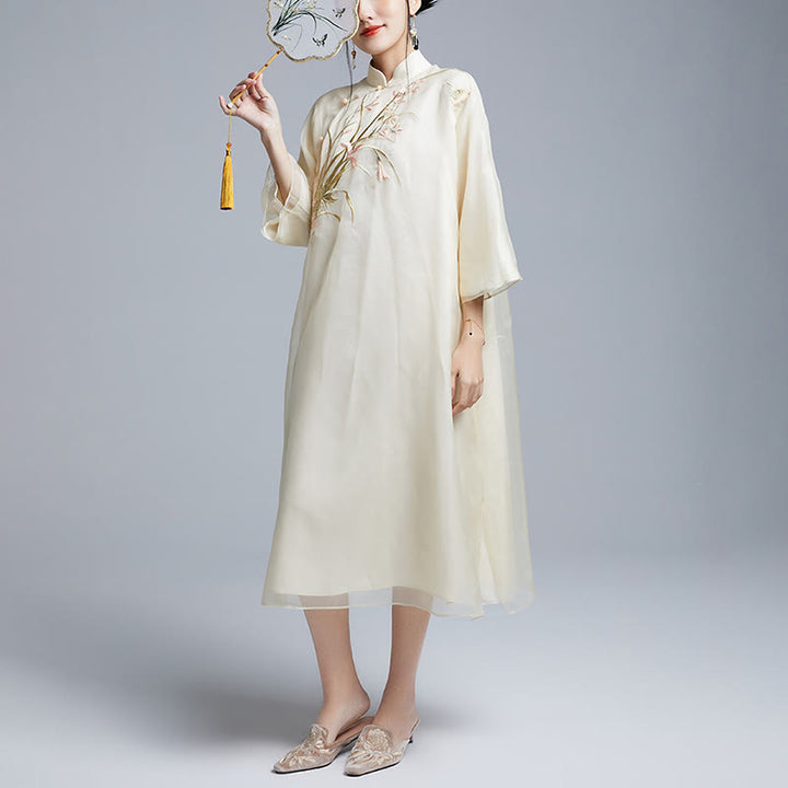 Buddha Stones 100 % Maulbeerseide 6 Momme Kleid Vintage Blume Schmetterling Stickerei Qipao Kleid Damen Cheongsam Kleid - image 6