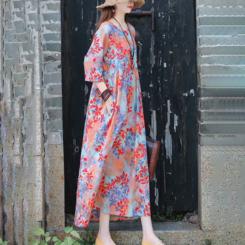 Midikleid mit Buddha-Steinen und Blumen-Print, Tunikakleid aus Baumwolle und Leinen mit Taschen