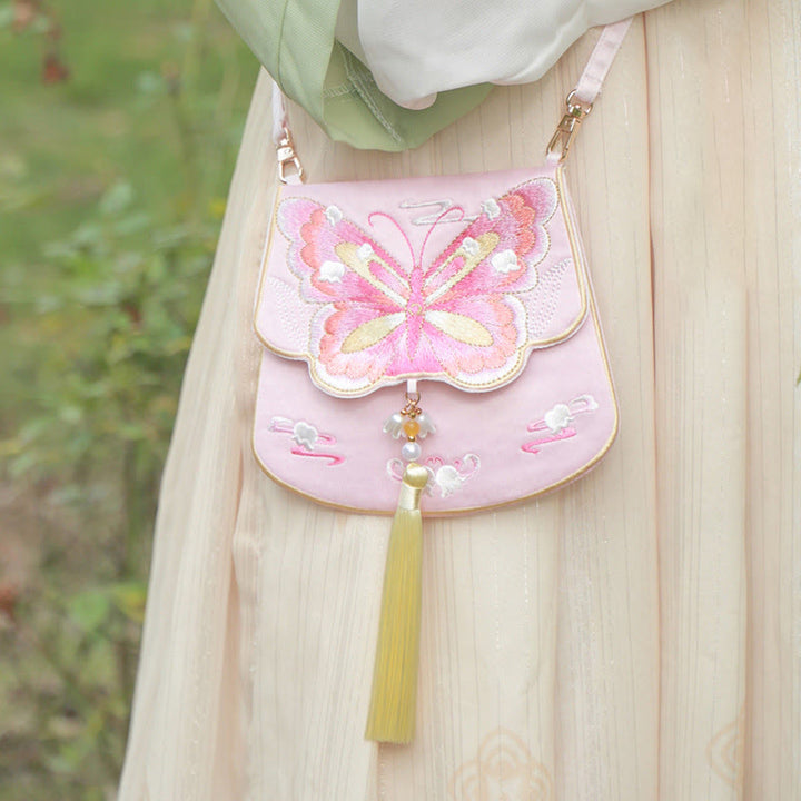 Buddha Stones Luck Stickerei Lotus Koi Fisch Kaninchen Blume Hanfu Tasche Umhängetasche Umhängetasche - Rosa Glockenschmetterling - image 24