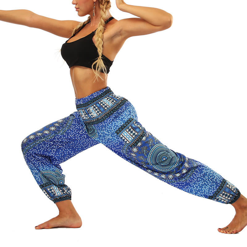 Buddha Stones Boho Lockere Haremshose mit geometrischem Elefantenmuster für Damen, Yogahose