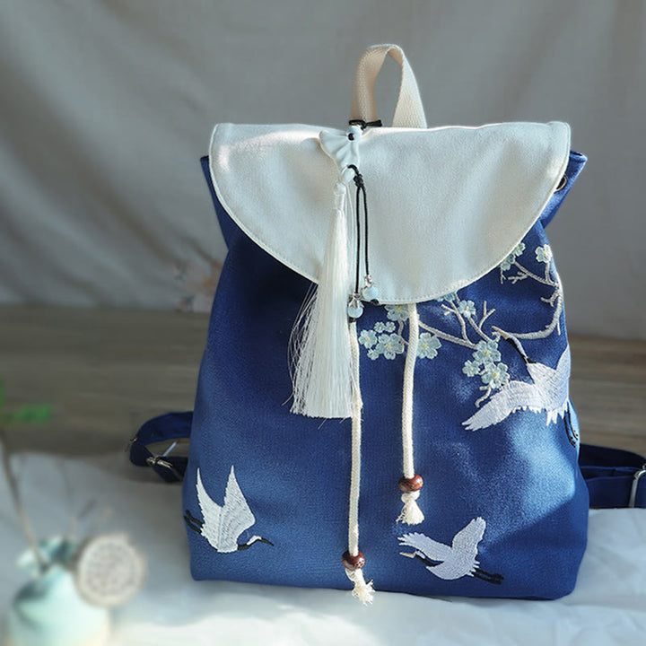 Handgemachter, bestickter Canvas-Rucksack mit Buddha Stones und großer Kapazität - Blau-Weißer Kranich - image 22