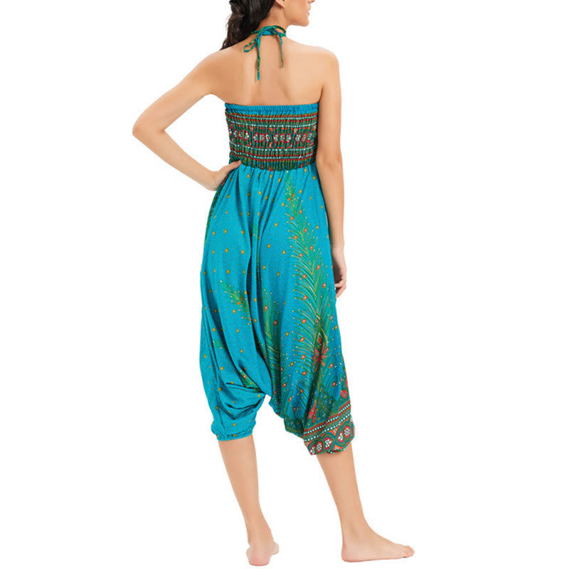 Buddha Stones Zwei Stile Tragen Pfauenfeder Lockere gesmokt Haremshose Overall Hohe Taille Hose