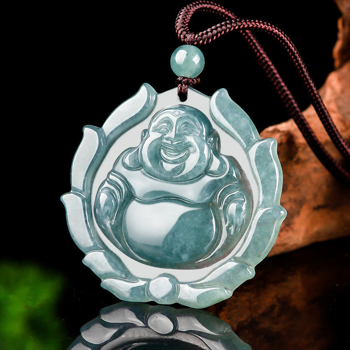 Buddha Stones, natürliche Jade, lachender Buddha, Lotus-Muster, Glücks-Halsketten-Anhänger - image 2