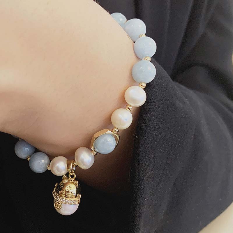 Charm-Armband mit Buddha Stonesn, Aquamarin-Perle, Friedensheilung, Glückskatze