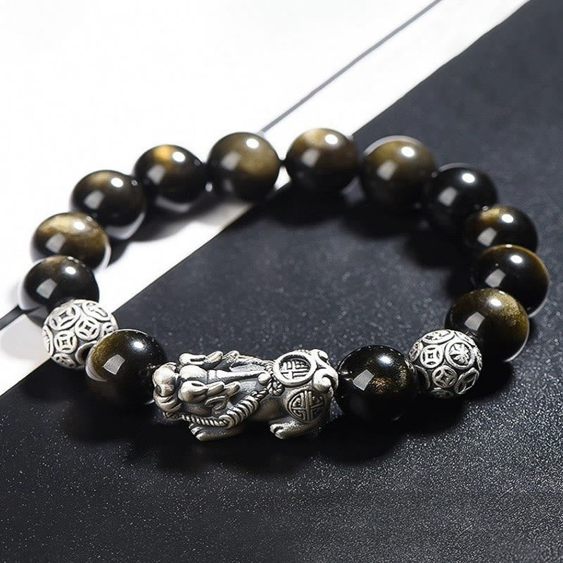 Buddha Stones 925 Sterling Silber Natürlicher Goldglanz Obsidian PiXiu Reichtumsschutzarmband - 12 mm - image 3