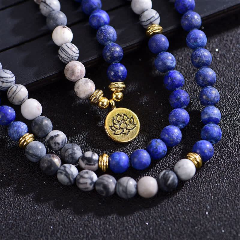 Buddha Stones, Lapislazuli, Picasso-Jaspis, Amazonit, Rhodonit, Apatit, Lotus-Gebetsperlen-Armband - image 3
