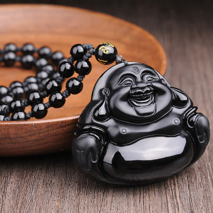 Halskette mit Anhänger „Lachender Buddha“ aus schwarzem Obsidian von Buddha Stones - image 3