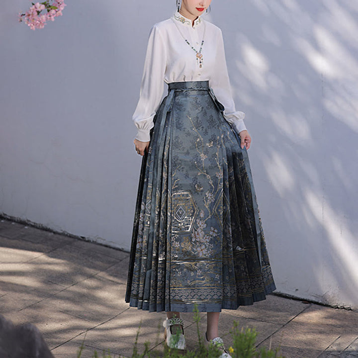 Buddha-Steine, chinesischer Hanfu, blauer Patio-Pflaumenblüten-Druck, Pferdegesichtsrock, Mamianqun