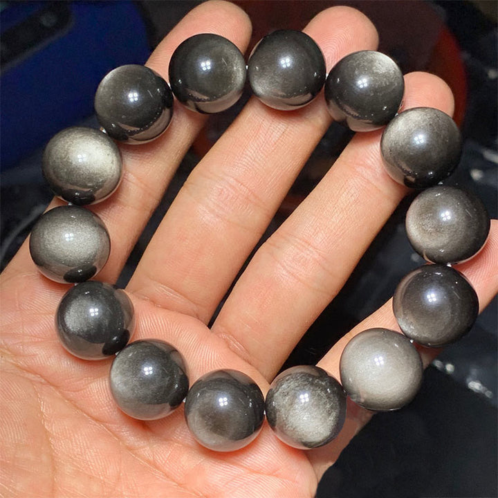 Buddha Stones Natürliches Obsidian-Armband mit silbernem Glanz und beruhigendem Schutz