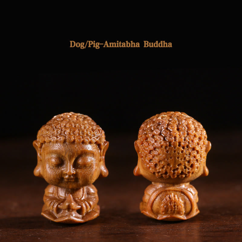 Buddha Stones Chinesisches Tierkreiszeichen, Buddha, Lotusblume aus grünem Sandelholz, graviert, positive Heimdekoration - Hund/Schwein-Amitabha Buddha - image 12