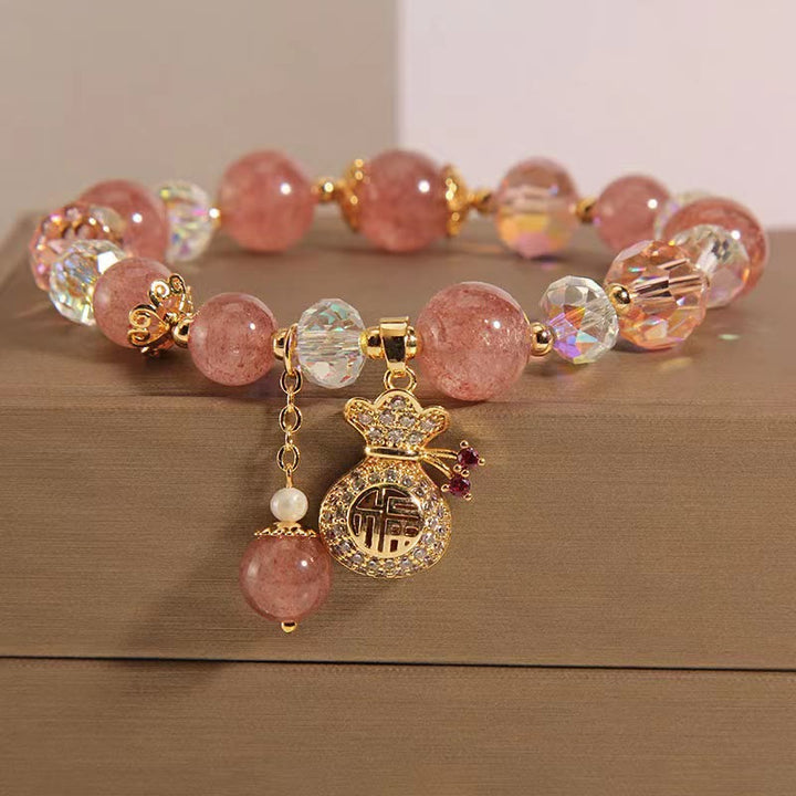 Buddha Stones Natürliches Erdbeerquarz-Kristall-Geldbeutel-Charm-Positive-Armband