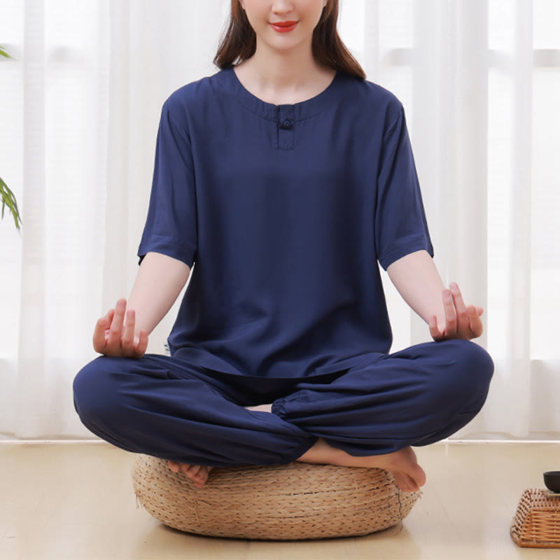 Buddha Stones 2-teiliges T-Shirt mit halben Ärmeln und Hose, Meditation, Zen, Tai Chi, Baumwolle, Leinen, Unisex-Kleidung