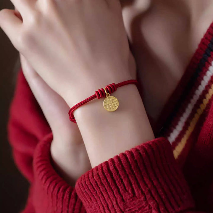 Buddha Stones Handgefertigtes Armband aus rotem Seil mit acht Fäden, Friedensknoten und Fu-Zeichen-Anhänger – ein Symbol für Glück und Freude - image 5