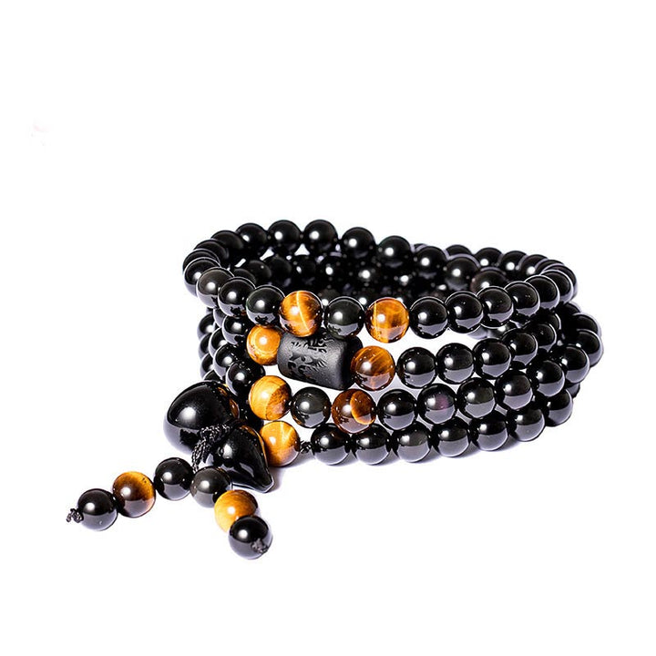 Buddha Stones Natürliches schwarzes Obsidian-Regenbogen-Obsidian-Kürbis-Segen-Armband Mala