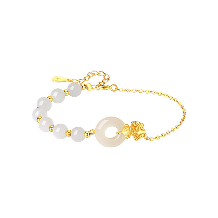 Buddha Stones 925 Sterling Silber Hetian Weiß Jade Friedensschnalle Ginkgoblatt Glücksarmband - image 9