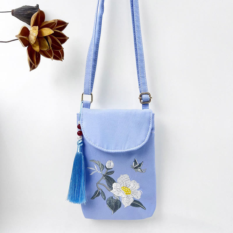 Buddha Stones Kleine Tasche mit gestickten Blumen, Crossbody-Tasche, Schultertasche, zweilagige Handytasche