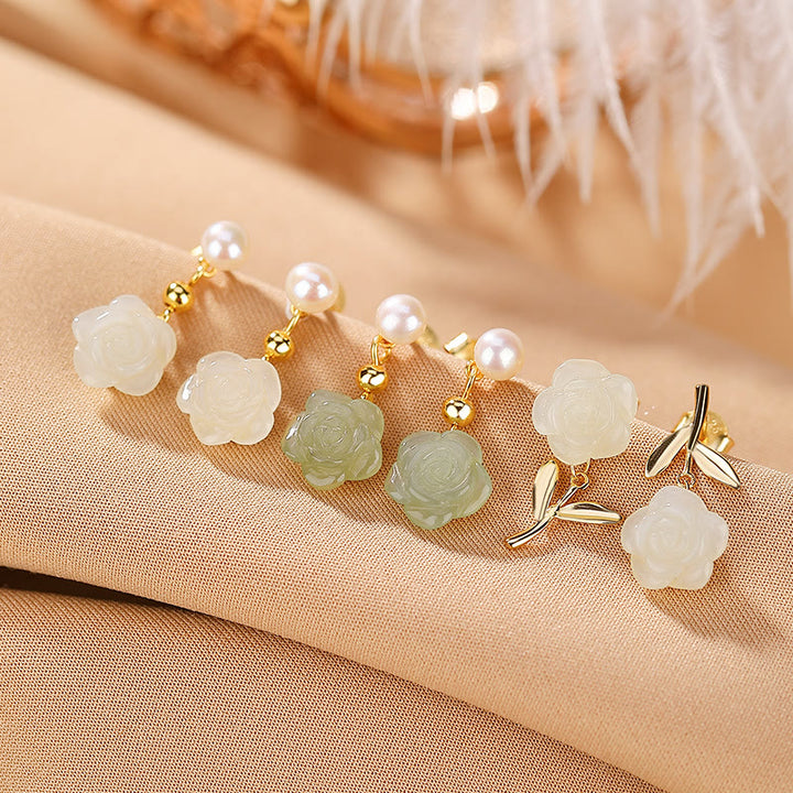 Buddha Stones 925 Sterling Silber vergoldet Jade Rose Blume Cyan Jade Perle Glück Ohrringe - image 0