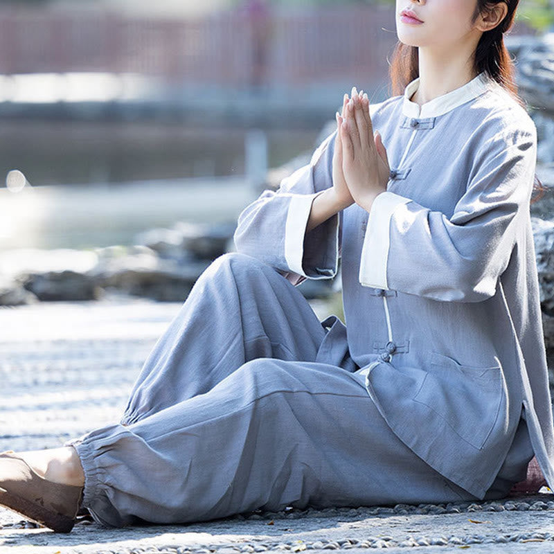 Buddha Stones 2-teiliges Set mit Froschknöpfen, langärmeliges Hemd, Oberteil und Hose, Meditation, Zen, Tai Chi, Baumwoll-Leinen-Kleidung für Damen